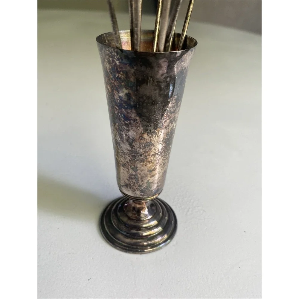Vintage Silver Plate 1) holder & 9 Hatpins / Cocktail picks / Appetizer picks